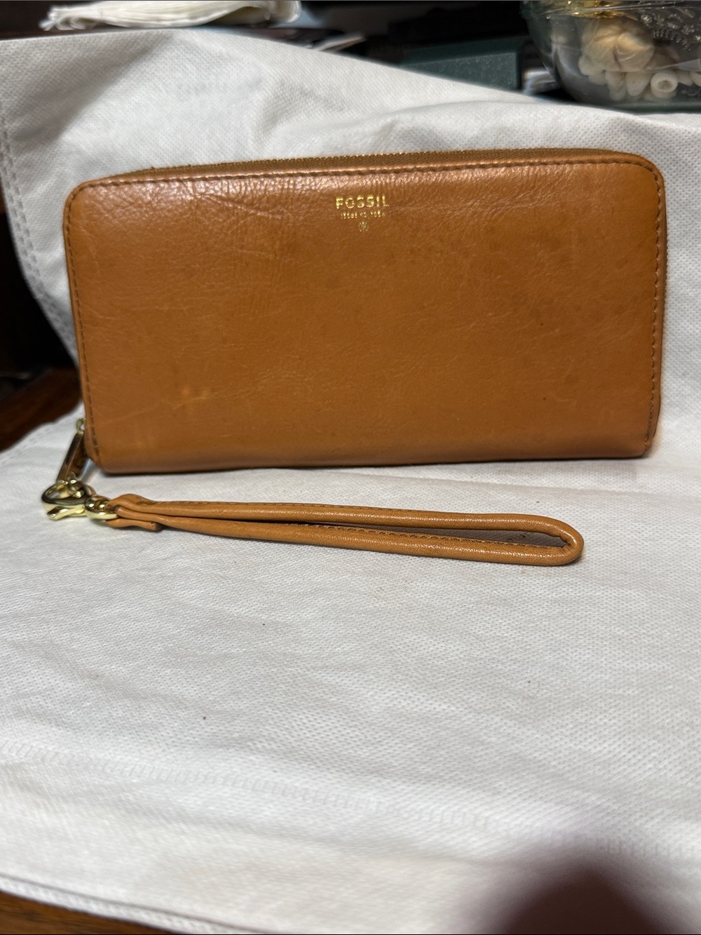 Fossil tan leather Double Clutch zipper Wallet